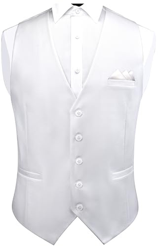 GUSLESON Men's White Vests Solid Suit Vest for Men Waistcoat and Pocket Square Set Vest Suit Tuxedo Set Wedding Party (0820-08-M)