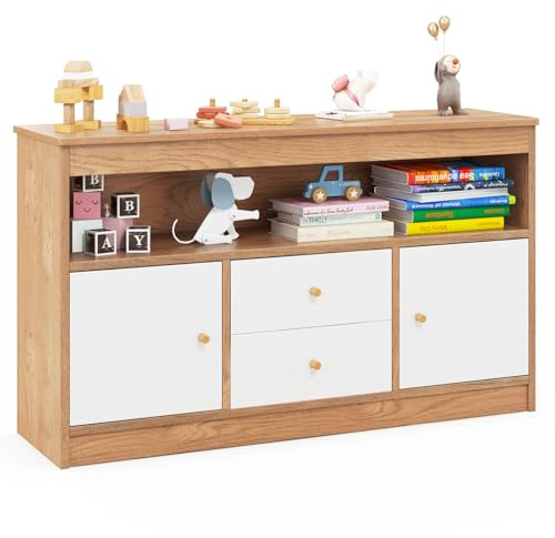 COSTWAY Kids Toy Storage Organizer, Wooden Children's Bookcase with 2 Drawers, 2 Cabinets & Open Shelf, Toys Books Storage Unit for Playroom, Bedroom, Nursery (Natural)