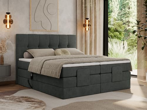 MKS MEBLE Boxspringbett 200x200 elektrisch verstellbar 7-Zonen Taschenfederkern Matratze mit TopperBett mit Motor Polsterbett Motorbett - Vittoria - Dunkelgrau Strukture - H3