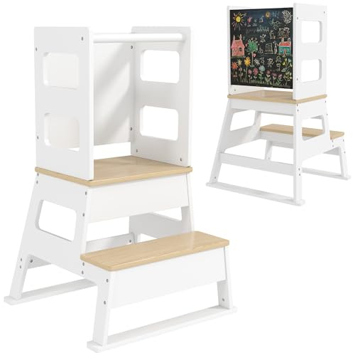 AIYAPLAY Toddler Tower, 2 in 1 Toddler Step Stool with Chalkboard, Safety Rail, Kids Standing Tower for Kitchen, Counter, Bathroom, Sink, White
