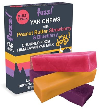 Fuzzl Himalayan Yak Chews for Dogs 3 Pack Peanut Butter, Strawberry & Blueberry Premium Natural Dog Treats - Dog Food Natural Chews Long Lasting Dental Sticks 195g