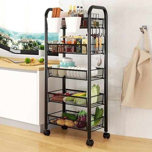 UDIYO 5 Tier Stackable Vegetable Rack, Vegetable Storage with Rolling Wheels, Veg Rack for Kitchen, Fruit and Veg Storage (Black)