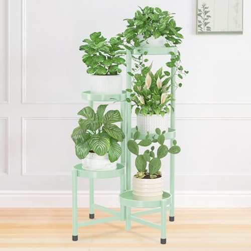 iDavosic.ly Support pour plantes d'intérieur et d'extérieur, étagère présentoir pour fleurs d'angle en métal à 5 niveaux, haut support pliable pour orchidées pour patio, balcon, porche, jardin, salon