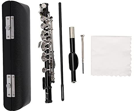 Silverpläterat flöjtinstrument, 16 -håls flauta tvärgående piccolo -kit med rengöringssats och bärfodral som är lämpligt för nybörjare flöjt piccolo c -uppsättning (Black)