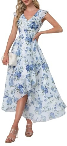 Womens V Neck Floral Print Ruffle Maxi Party Dress A-Line Summer High Low Flowy Wedding Guest Cocktail Dress (Blue Floral Large)