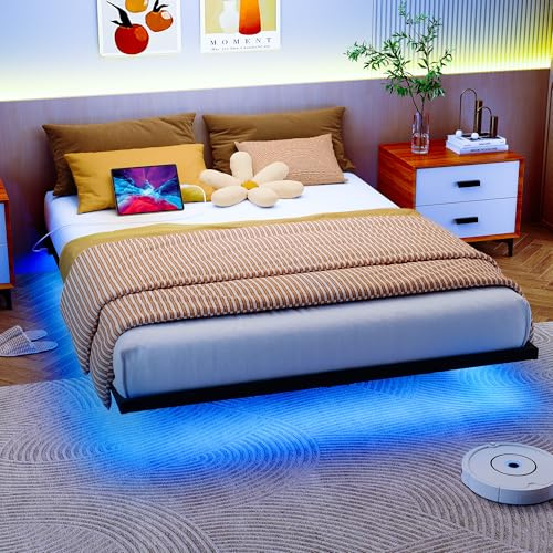 HOJINLINERO Lit 140x190 avec éclairage LED et station de charge Cadre de lit 140x190 cm Lit suspendu, lit pour adolescent, lit en métal avec sommier à lattes Lit double Robuste et stable, lit