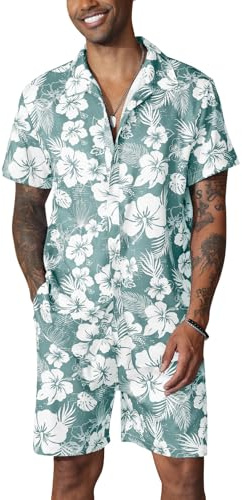 PRIVIMIX Chemise Hawaienne Homme Ensemble Été Survêtement Chemises à Fleurs Manches Courtes pour Plage Vacances Vert M