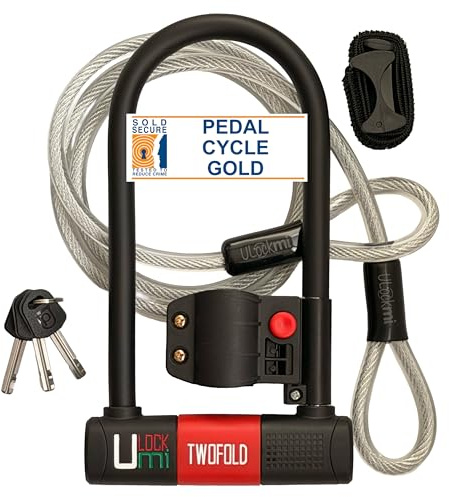 Ulockmi TWOFOLD Bike U Lock, 14mm Hardened Steel, Sold Secure Pedal Cycle Gold Certified, Double Bolt Shackle, 3 Coded Keys, Cable and Frame Mount (Red Cover)