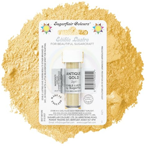 Sugarflair Antique Gold Edible Lustre Dust, Add a Lustrous Shine to Cakes or Decorations. Brush On or Add Rejuvenator to Create Eye-Catching Edible Paint, Gives Shine to Your Bakes - 2g