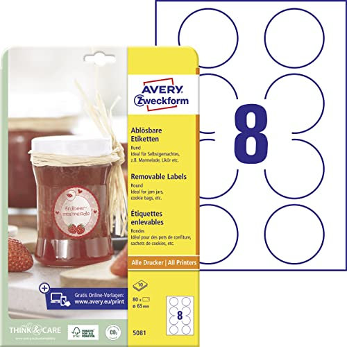 AVERY Zweckform Marmeladenetiketten Art. 5081 (80 Aufkleber ablösbar, Ø 65mm auf A4, rund, für Einmachgläser, Gewürzgläser, Gebäcktüten, Geschenke und Selbstgemachtes aus der Küche) 10 Blatt weiß
