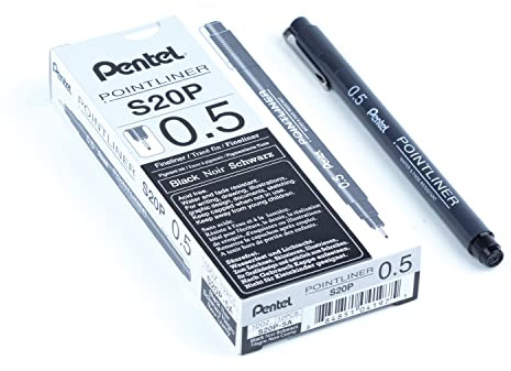 Pentel Arts Pointliner Pen, (0.5mm), Black Ink, Box of 12 (S20P-5A)