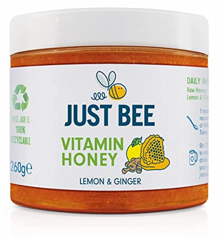 Just Bee Lemon & Ginger Immunity Honey (260g) | Pure natural honey with Vitamin D, C, B6, B12 and Echinacea | Raw and Unpasteurised | Vitamin Rich | For Daily Immune Support