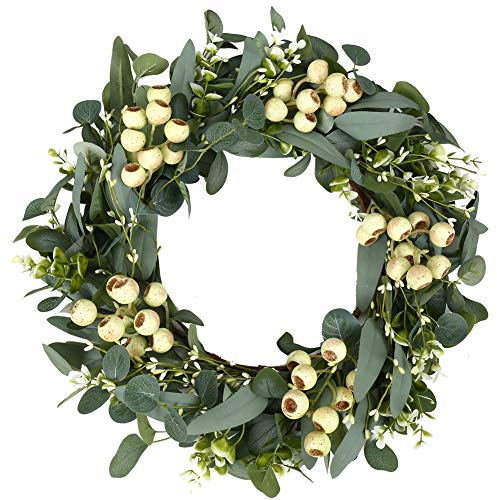 JINGHONG Eucalyptus Wreaths for Front Door 20 Inch Green Home Decor for Wall Porch Window Spring Summer Wreath with Big Berries for All Seasons Winter Christmas