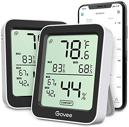 Govee Thermomètre Hygromètre Intérieur 2 Pièces, Petit Moniteur Mini Numérique à Haute Précision Capteur Humidité Température, LCD Bluetooth Stockage Données Maison Chambre Frigo Cave Garage Serre