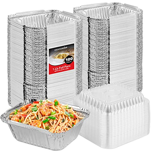Stock Your Home 1 lb Small Aluminum Pans with Clear Plastic Lids (100 Pack), Disposable Cookware & Takeout Trays for Restaurants & Catering