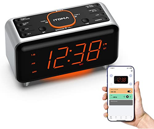 iTOMA Radiosveglia con Controllo Tramite App, Bluetooth, Radio FM, Doppia Sveglia con 4 Modalità di Allarme, Snooze, Dimmer, Luce Notturna, Porta di Ricarica USB CKS208