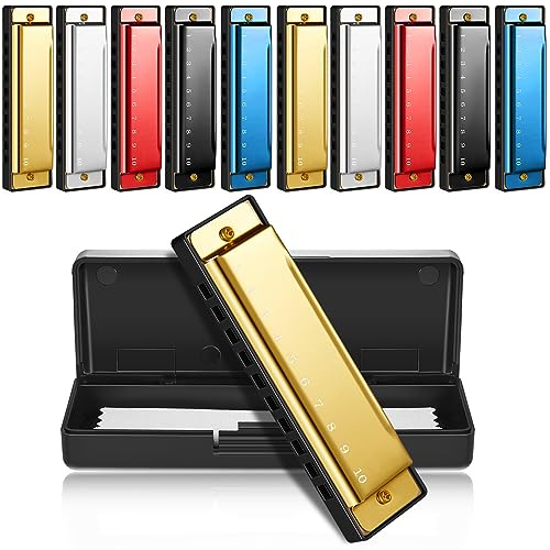 Liliful 10 Pcs 10 Hole Metal Harmonica Bulk with Number Holes 5 Colors Harmonica Instrument Mouth Organ Musical Educational Enlightenment for Beginners Party Favor Charity Birthday Valentines Day Gift