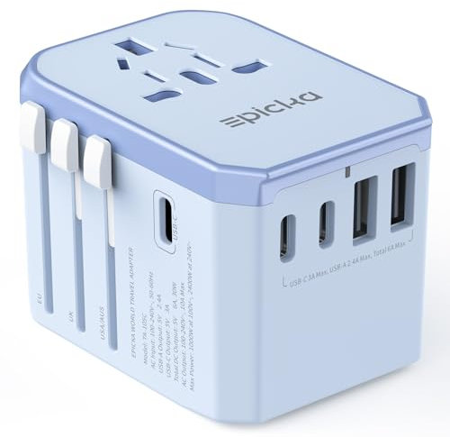 EPICKA Reiseadapter Weltweit, Universal Reisestecker Adapter 30W, Internationaler Steckdosenadapter mit 3 USB-C, 2 USB-A, Travel Adapter für Deutschland USA UK Japan Thailand Australien TA-105C Blau