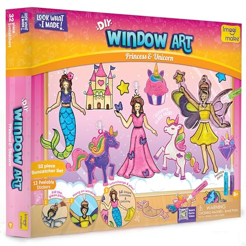 Imagimake Window Art Princess, Unicorn & Mermaid Craft Kit | 32 Piece Glass Paint & Suncatcher Set | DIY Arts & Crafts for Kids | Girls Birthday Presents Age 5, 6, 7, 8, 9, 10 | Easter Gifts