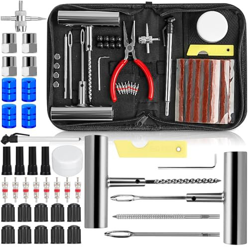 NCKIHRKK 82 Stück Reifenreparaturset, Universal tragbares Reifenpannenset, Heavy Duty Alufelgen Reifen Reparaturset mit 40 Tubeless Kit, Reifen Flickset für KFZ, Auto, Fahrräder, Offroad, Motorräder