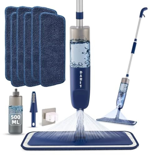 Mopa en Aerosol para Limpieza de Suelos con 6 Almohadillas Lavables, mopa de Microfibra en seco y húmedo con Botella Recargable de 500 ml para casa, Cocina, Suelos de Madera, laminados, Azulejos de