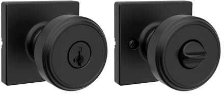 Kwikset Maven - Pomo de puerta de entrada con cerradura y llave, manija segura con llave exterior, entrada frontal cuadrada y dormitorio, negro mate, resistente a las púas SmartKey Rekey Seguridad y