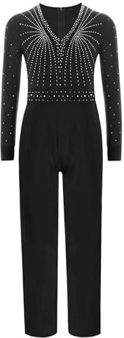 Yruioon Barn gymnastikdräkt pojkar glitter gymnastikdräkt långärmad balettdräkt helkropp tröja Leotard konståkning kropp sport overall jumpsuit, svart, 170-176