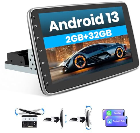 Hexinex Android 13 2GB+32GB 1 DIN Radio Coche Universal con Pantalla Táctil y Giratoria de 10 Pulgadas, con CarPlay/AndroidAuto/Mirror Link, WiFi/GPS/Bluetooth/RDS/USB/FM/Mandos del Volante