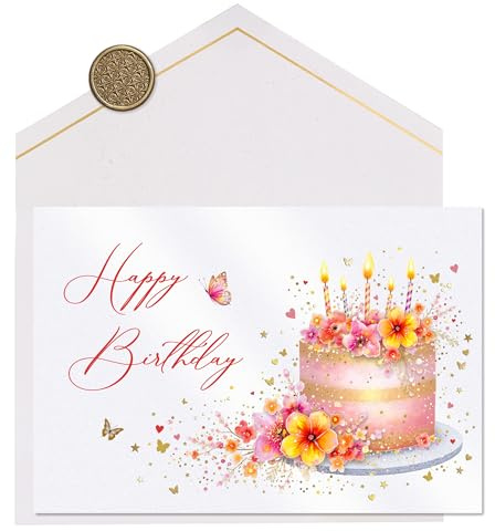 Joli Coon Tarjeta de cumpleaños premium STARDUST Pink Cake – Tarjeta de cumpleaños con sobre de papel premium y sello de cera auténtico
