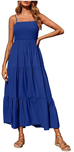 Summer Dresses for Women UK Cami Maxi Casual Smocked Spaghetti Strap Dress Crew Neck Elastic Waist Tiered Long Ladies Dresses Solid Color Bohemian Dress for Home Vacation Beach Wedding