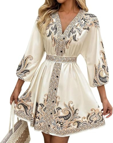 Elegante Vestido Étnico Bohemio De Vacaciones Junto Al Mar para Mujer Moda De Verano con Cuello En V Vintage Sexy Vestido Informal Suelto con Cinturón (Beige,S)