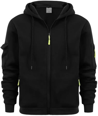 Blixtlås hoodie män lös kontrast dragkedja, flera fickor dragsnöre atletisk modern stil huvtröja höst och vinter vardaglig utomhus toppar jacka