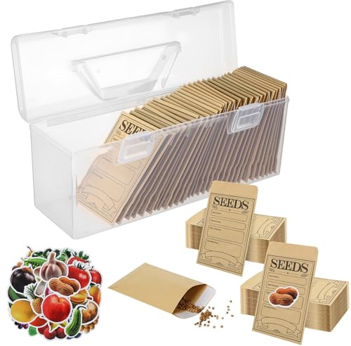 Ovveroche Plastic Clear Seed Storage Organizer Box with Handle, 1 Seed Saving Packet Container Box with 200 Envelopes and 50 Stickers for Plant Flower Vegetable Garden Lover Gifts