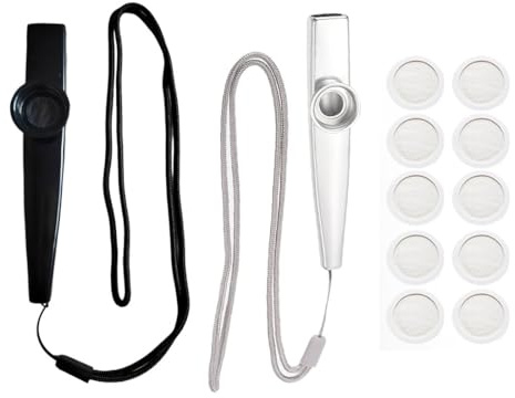 YUVKIN Lot de 2 Kazoos en métal, instruments de musique avec cordons de transport, adaptés aux enfants et amateurs de musique, Kazoos pour enfants (Argent et noir)