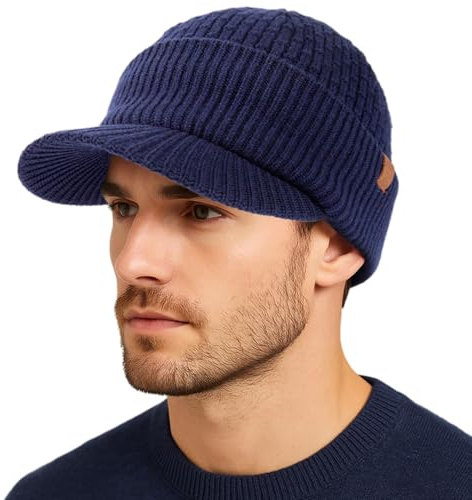 TOP-EX PolarWool™ 50% Merinowolle Schirmmütze Herren Großer Head, Winter Strickmützen Beanie Cap mit Visier, Warm Winddicht Wintermütze mit Fleecefutter für Ski Golf, Navy XL/XXL