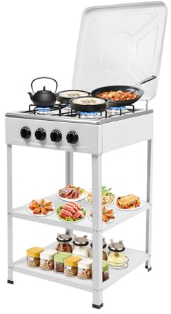 HeinaTond 4 Flammiger Gaskocher Freistehender Campingofen Gasherd Gaskochfeld 4 Brenner für Camping Outdoor Gaskocher Tragbarer Gasherd für Wohnmobil mit Ablageflächen (Weiß, Vier-Gitter)