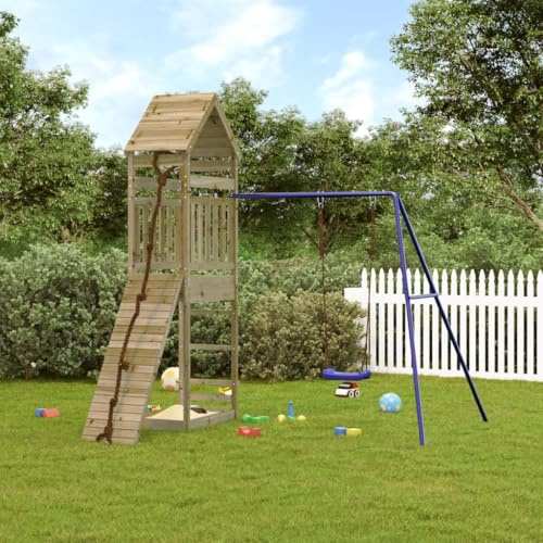 LoogCape Tour de jeu en pin imprégné avec toboggan, balançoire et mur d'escalade pour enfants dans le jardin, appareil de jeu d'extérieur avec bac à sable et accessoires
