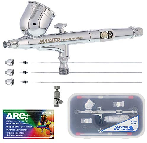 Master Airbrush G233 Performance Pro Airbrush Kit with 3 Nozzle Sets (0.2, 0.3 & 0.5mm Needles, Fluid Tips & Air Caps), Gravity Dual Action - Air Brush Guns for Painting, Aerografo Body Art & Cake
