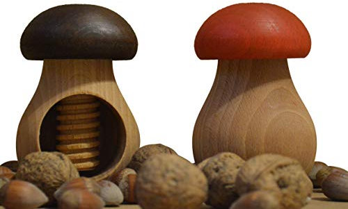Wooden World - Set di 2 schiaccianoci a forma di fungo, in legno di faggio naturale molto solido, colori marrone e rosso