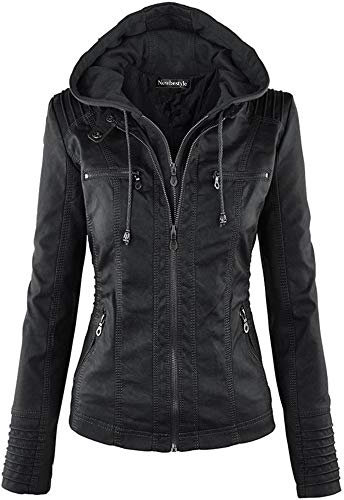 Newbestyle Damen Kunstlederjacke mit Kapuze, gesteppt,Schwarz,42