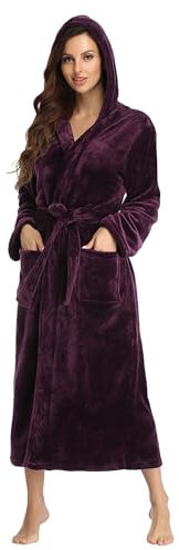 RONGTAI Damen Bademantel aus Plüsch mit Kapuze und Taschen, flauschige Nachtwäsche, dunkelviolett, XX-Large