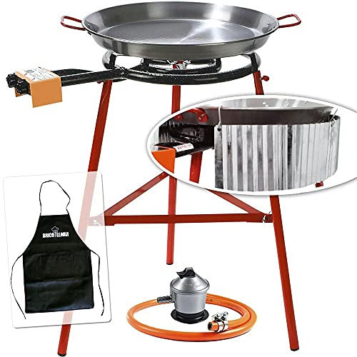 Bricolemar Paellero 40 cm a gas + Kit Paravento (Supporto rinforzato Kabra + Paellera 42 cm + Ondulato + Grembiule Nero in Regalo)