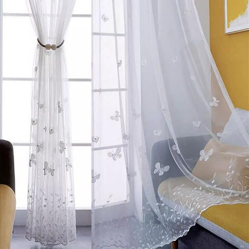 White Butterfly Sheer Curtains for Living Room Window Screen Mesh Sheer Voile with Beads Rod Pocket Tulle Modern Elegant Sheer Drape Door Divider 1 Panel 52 inch Wide by 84 inch Long