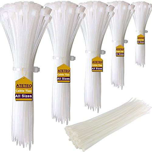 ATETEO Weiße Kabelbinder, 500 mm x 5,2 mm, 50 Stück, Premium-Nylon-Kabelbinder, Mehrzweck-Kunststoff-Krawatten, sicherer Selbstschließmechanismus, für Zuhause, Garten, Büro und Heimwerker