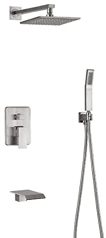 DERBUT Conjunto de Mezclador de Ducha Empotrado Ducha de Lluvia Cuadrada, Sistema de Ducha Cabezal de Ducha y Manguera y Soporte Cepillado