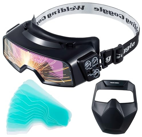 Meonum Auto Darkening Welding Goggles, Wide Rang Shade 4/5-9/9-13, Welding Glasses with Welder Mask and 10 Replacement Lenses, Adjustable Sensitivity work for TIG MIG ARC Plasma Cutting