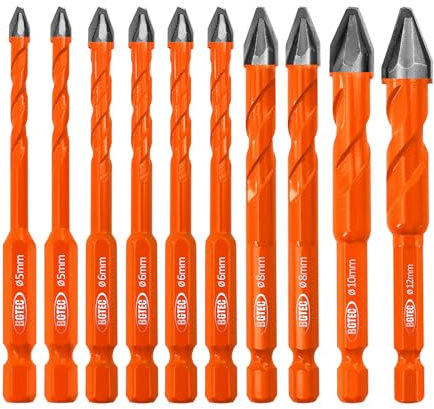 BGTEC Taladro excéntrico - 10 piezas Broca Ceramica Ø 3-12 mm para madera plástico albañilería baldosa cerámica vidrio hormigón, Juego Hexagonal Brocas
