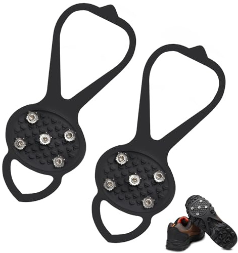 Fogcosy 2 Pairs Ice Cleats, Universal Non-Slip Spikes with 5 Steel Studs, Easy On/Off, Black, Ice/Snow Grips for Hiking, Climbing, Fishing, Hunting, Compact Style