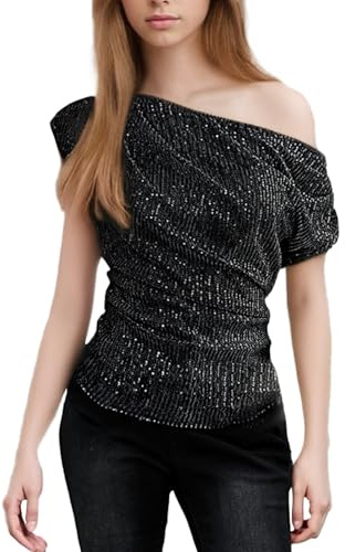 Fiohiros One Shoulder Sequin Top,Sequin Sparkly Top for Women Tighten The Waist,Ruched Wrap Glitter Top for Party,Bar Shirt (UK, Alpha, L, Regular, Regular, Black)