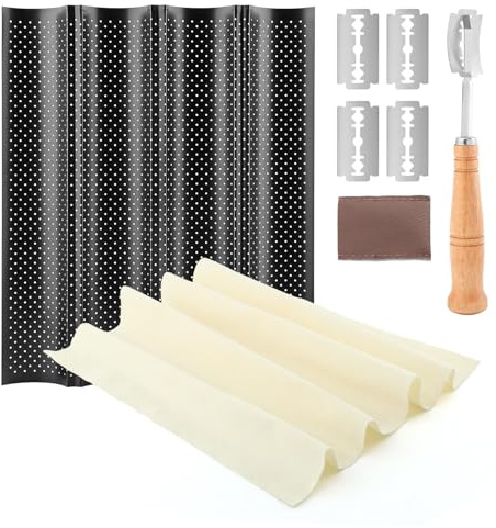 Baguet-te Bread Pan, Baguet-te Baking Kit - Food-Grade Carbon Steel Pan, Cotton Canvas Mat, Stainless Steel Scraper & 6CR13 Blades - Ideal Gift for Every Occasion(COLOR:black white)